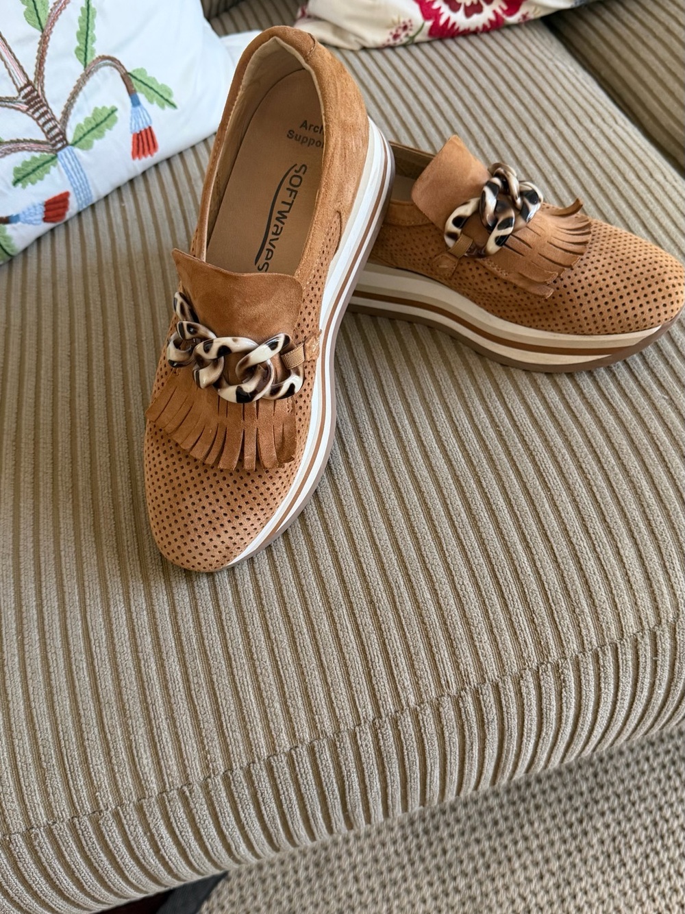 SoftWalk Chestnut Suede Slip-On Moccasins with Fringe and Chain Accent